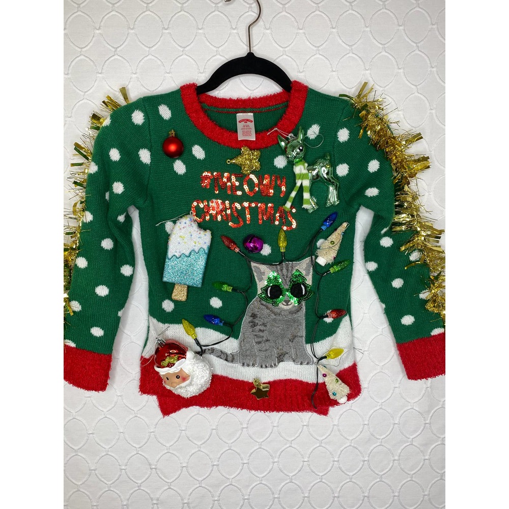 Ugly Christmas Sweater Kitty Girls LIGHTS UP